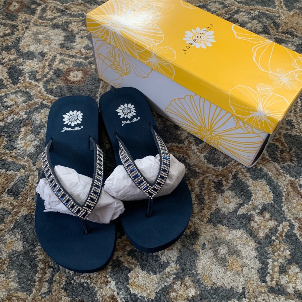 Yellow box jeweled flip flops